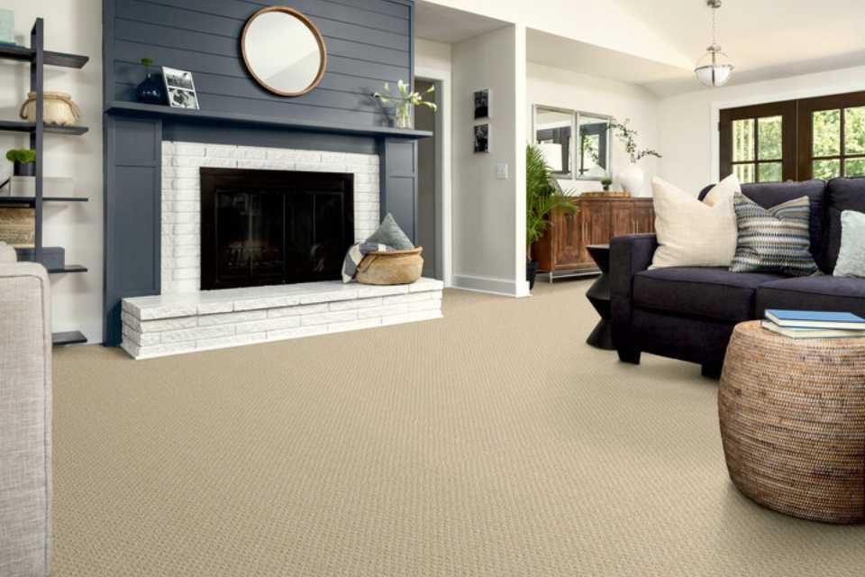 beige textured carpet in modern farmhouse living room